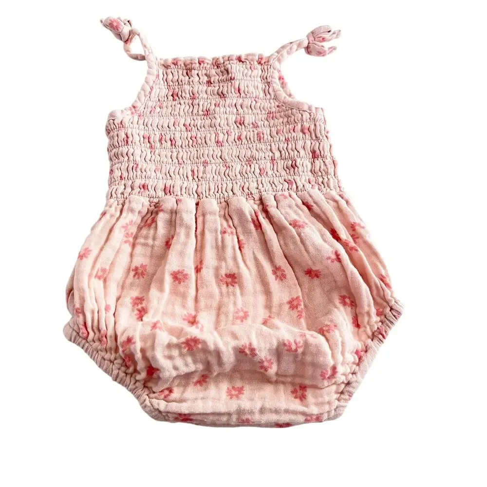 Rylee + Cru Kaia Pink Daisy Cotton Gauze Romper Baby Girl 12-18M Smocked Boho